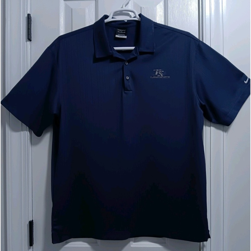 Nike Golf Dri-Fit Polo Shirt Mens XL Blue Turner Sports Logo Ribbed Short Sleeve